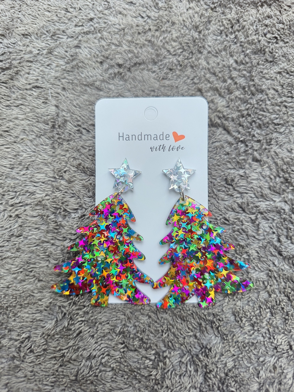 Christmas Earrings: Glitter Christmas Trees - Silver Rainbow